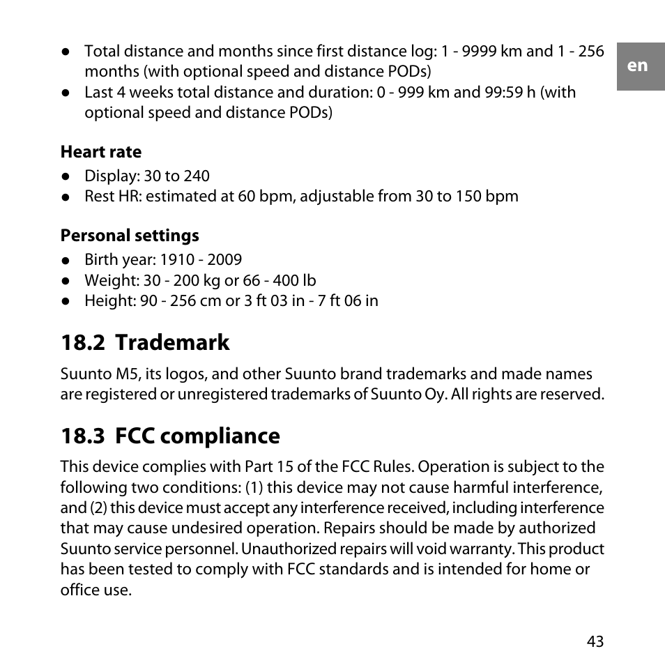 2 trademark, 3 fcc compliance, 43 18.3 fcc compliance | SUUNTO M5 User Manual | Page 43 / 47