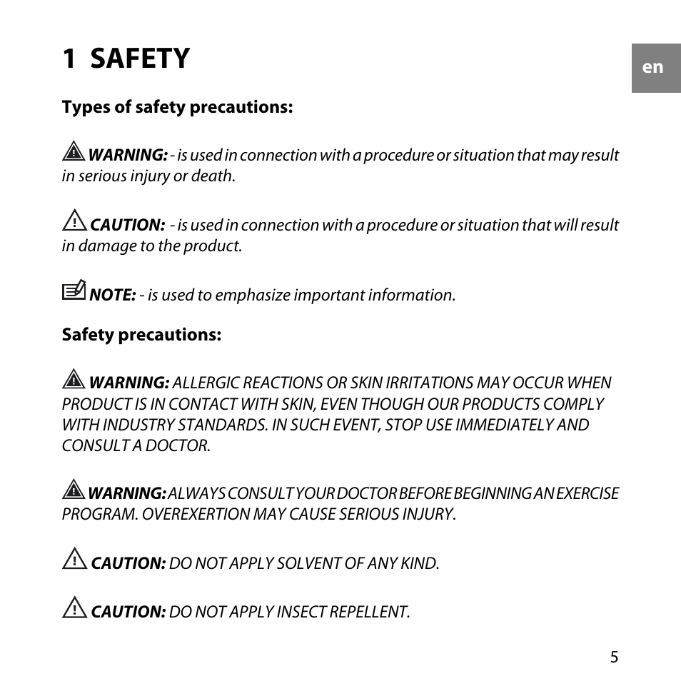 1 safety, Types of safety precautions, 5 safety precautions | SUUNTO M5 User Manual | Page 5 / 47