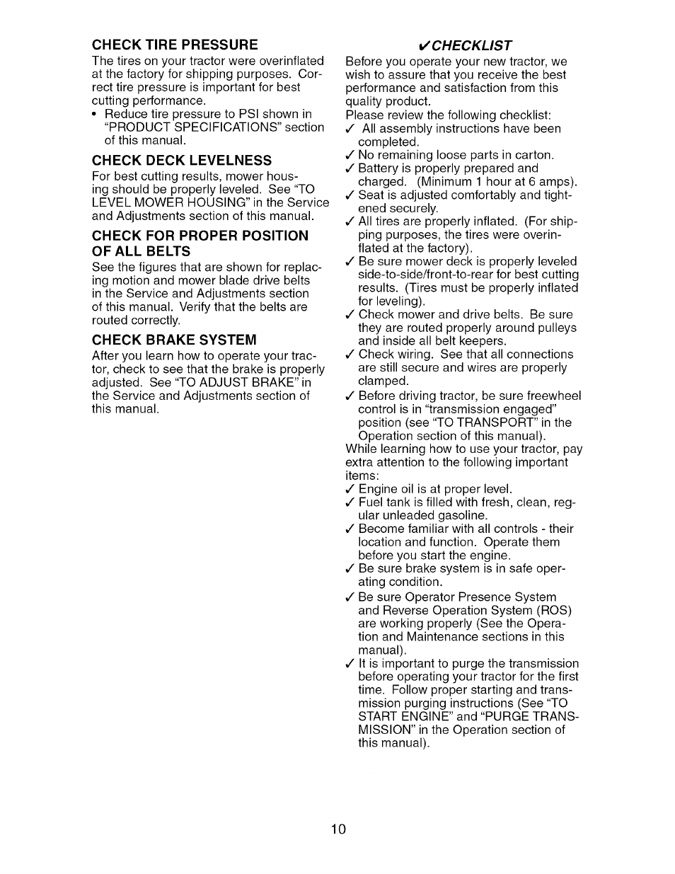 Check tire pressure, Check deck i_evelness, Check for proper position of all belts | Check brake system | Craftsman 917.275764 User Manual | Page 10 / 56