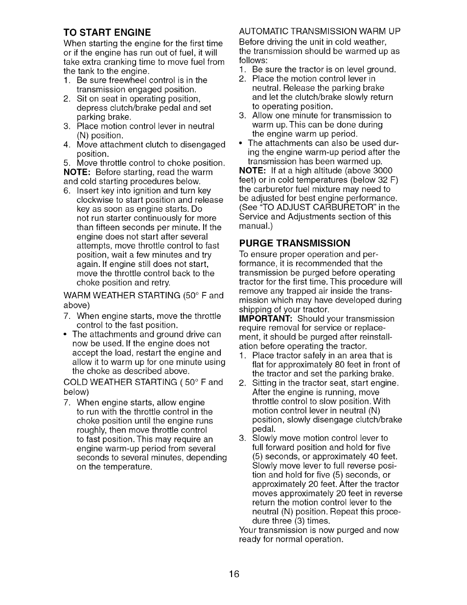 To start engine, Purge transmission | Craftsman 917.275764 User Manual | Page 16 / 56