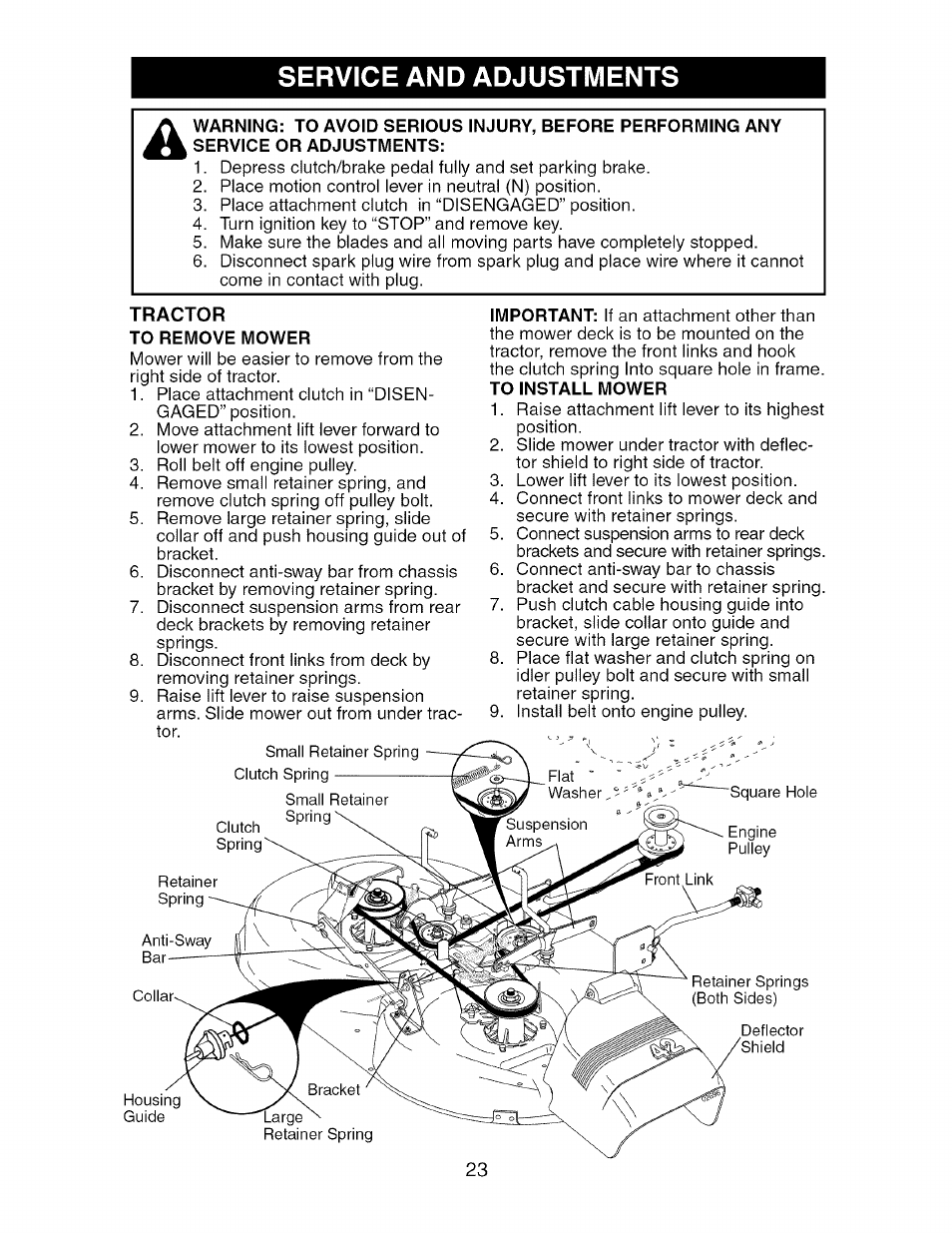 Service and adjustments, Tractor, To remove mower | Craftsman 917.275764 User Manual | Page 23 / 56