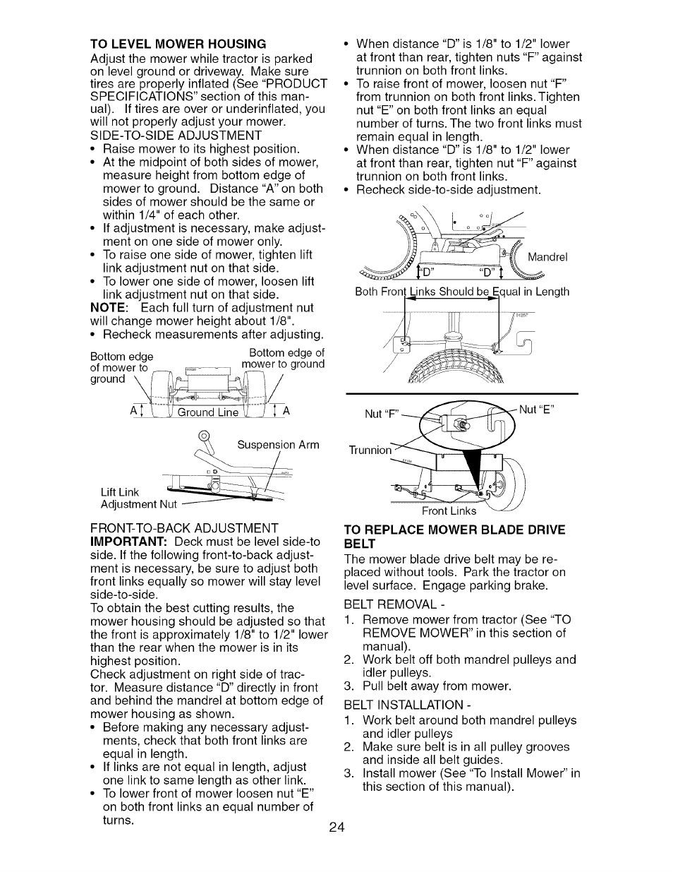 To level mower housing, To replace mower blade drive belt | Craftsman 917.275764 User Manual | Page 24 / 56