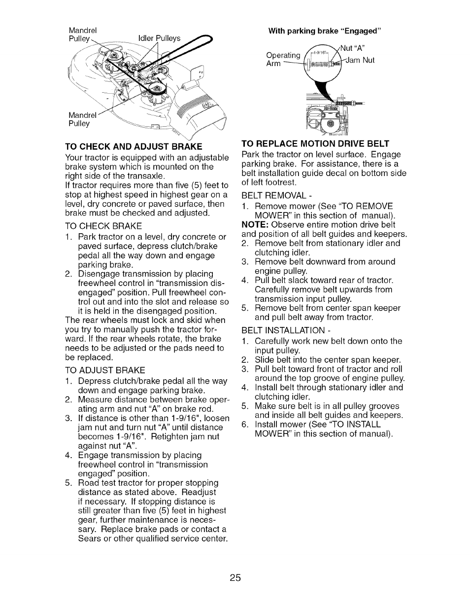 To check and adjust brake, To replace motion drive belt | Craftsman 917.275764 User Manual | Page 25 / 56