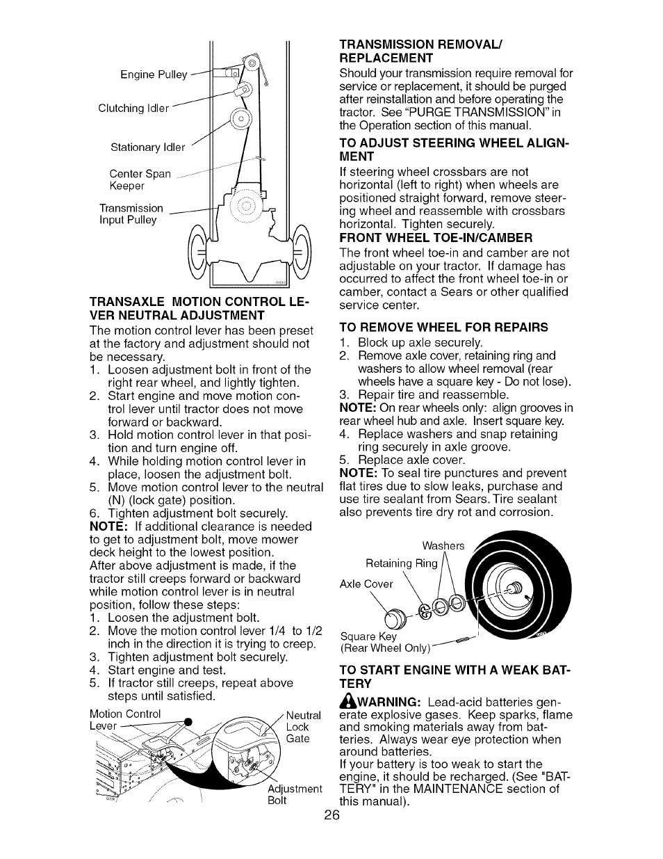 Transmission removal/ replacement, To adjust steering wheel alignment, To remove wheel for repairs | To start engine with a weak battery | Craftsman 917.275764 User Manual | Page 26 / 56