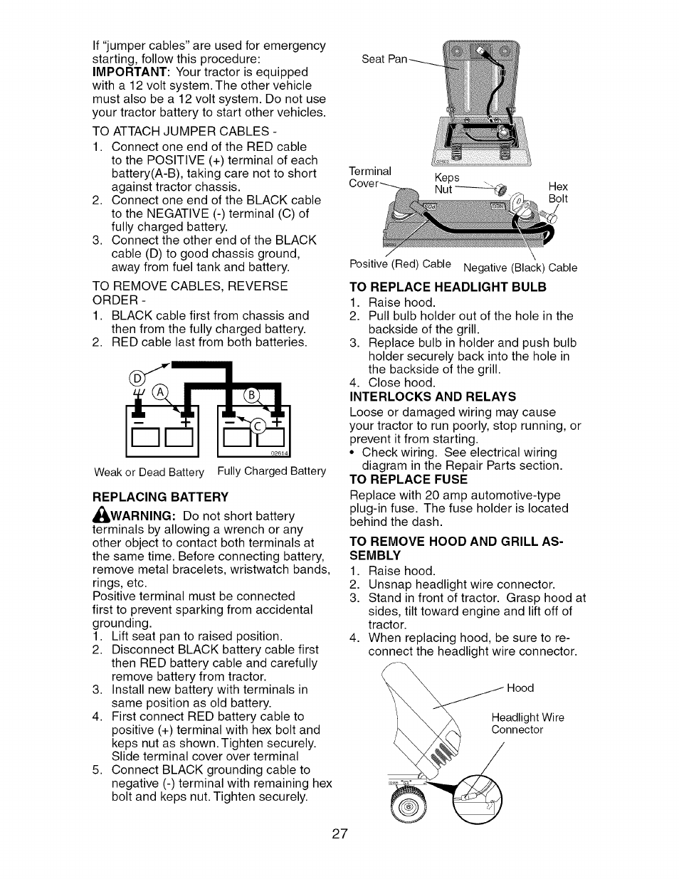 Replacing battery, To replace headlight bulb, To remove hood and grill assembly | Craftsman 917.275764 User Manual | Page 27 / 56