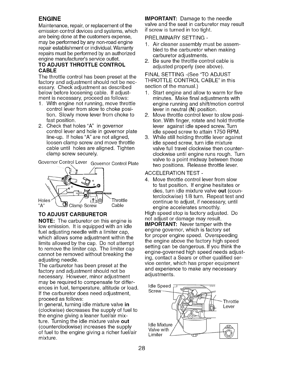 Engine, To adjust throttle control cable | Craftsman 917.275764 User Manual | Page 28 / 56