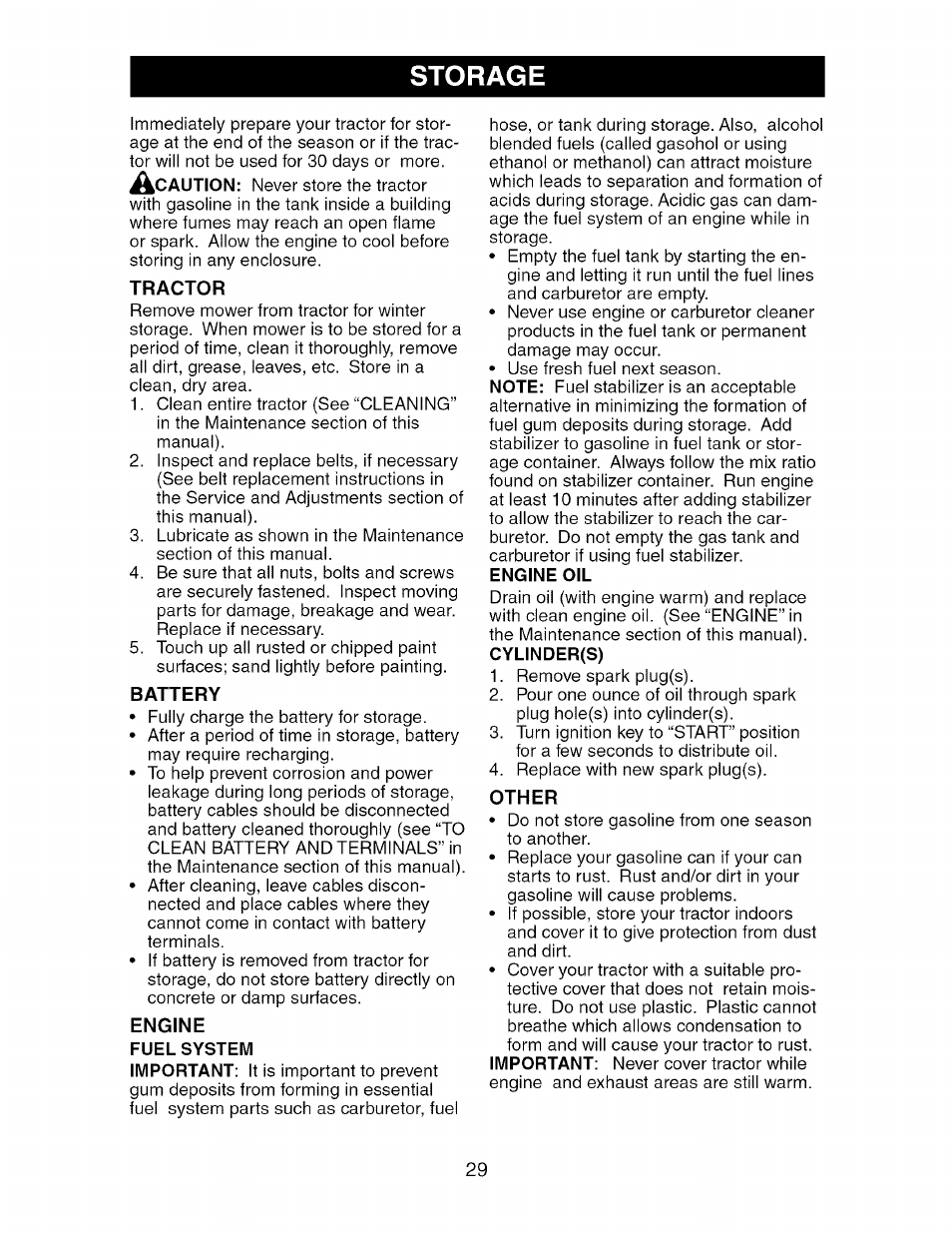 Storage, Tractor, Battery | Engine, Fuel system, Engine oil, Other | Craftsman 917.275764 User Manual | Page 29 / 56