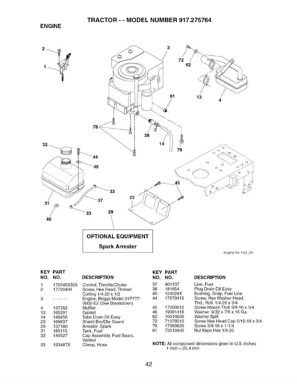 Engine, Optional equipment spark arrester | Craftsman 917.275764 User Manual | Page 42 / 56