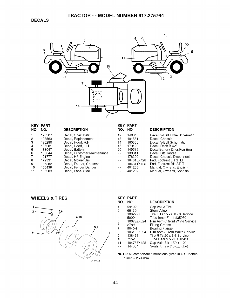 Decals, Wheels & tires | Craftsman 917.275764 User Manual | Page 44 / 56