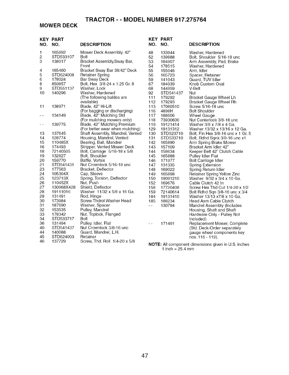 Mower deck | Craftsman 917.275764 User Manual | Page 47 / 56