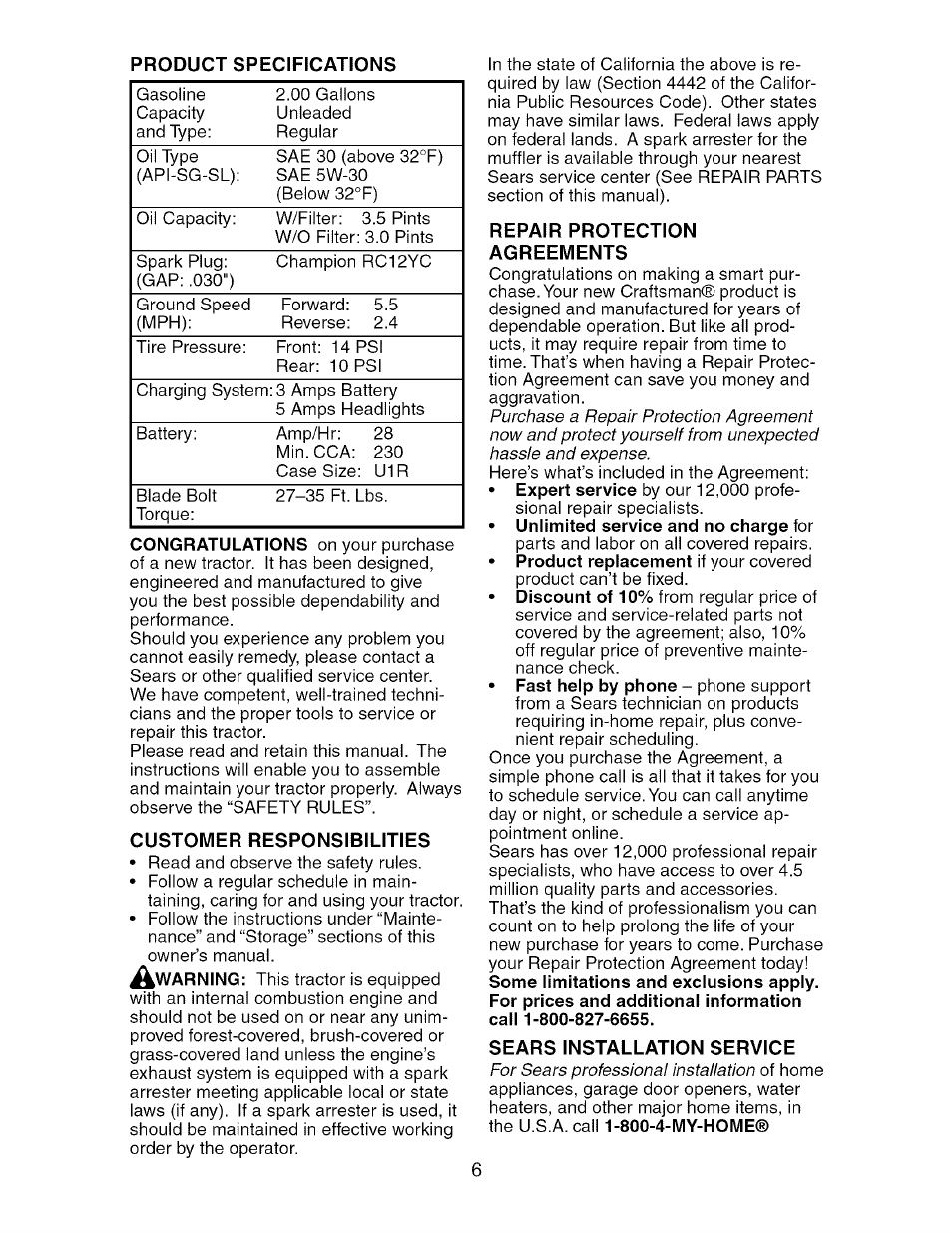 Product specifications, Customer responsibilities, Repair protection agreements | Sears installation service | Craftsman 917.275764 User Manual | Page 6 / 56