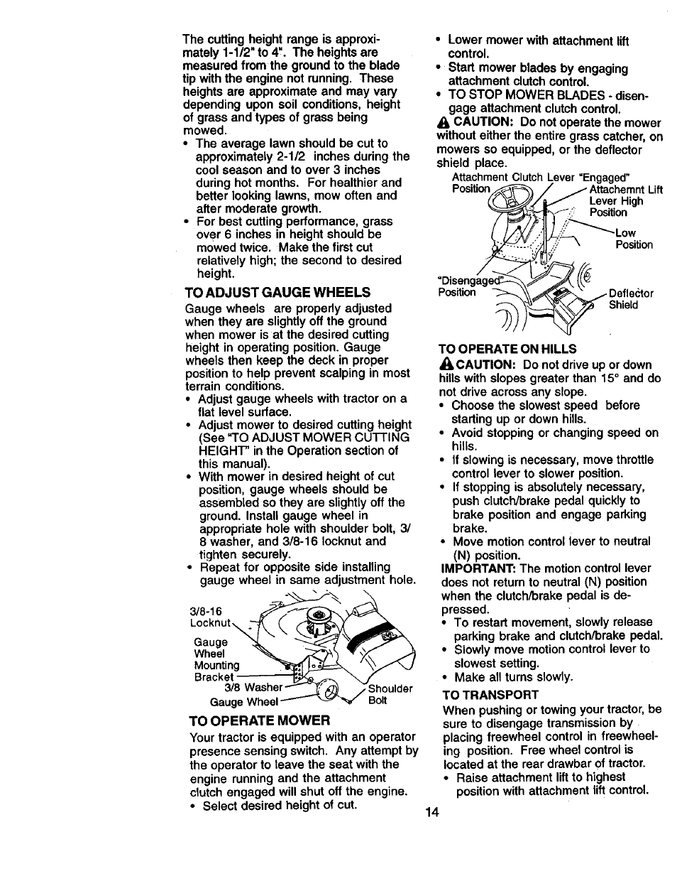 To adjust gauge wheels, To operate mower | Craftsman 917.270961 User Manual | Page 14 / 60