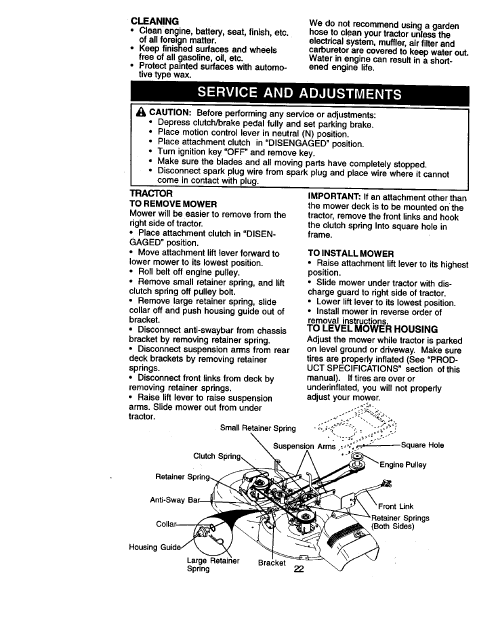 Cleaning, Tractor, To level mower housing | Service and adjustments | Craftsman 917.270961 User Manual | Page 22 / 60