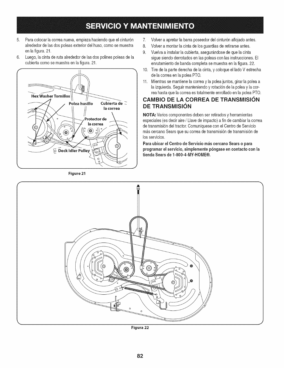 Cambio de la correa de transmisión de transmisión, Servicio y mantenimiento | Craftsman 247.28901 User Manual | Page 82 / 92