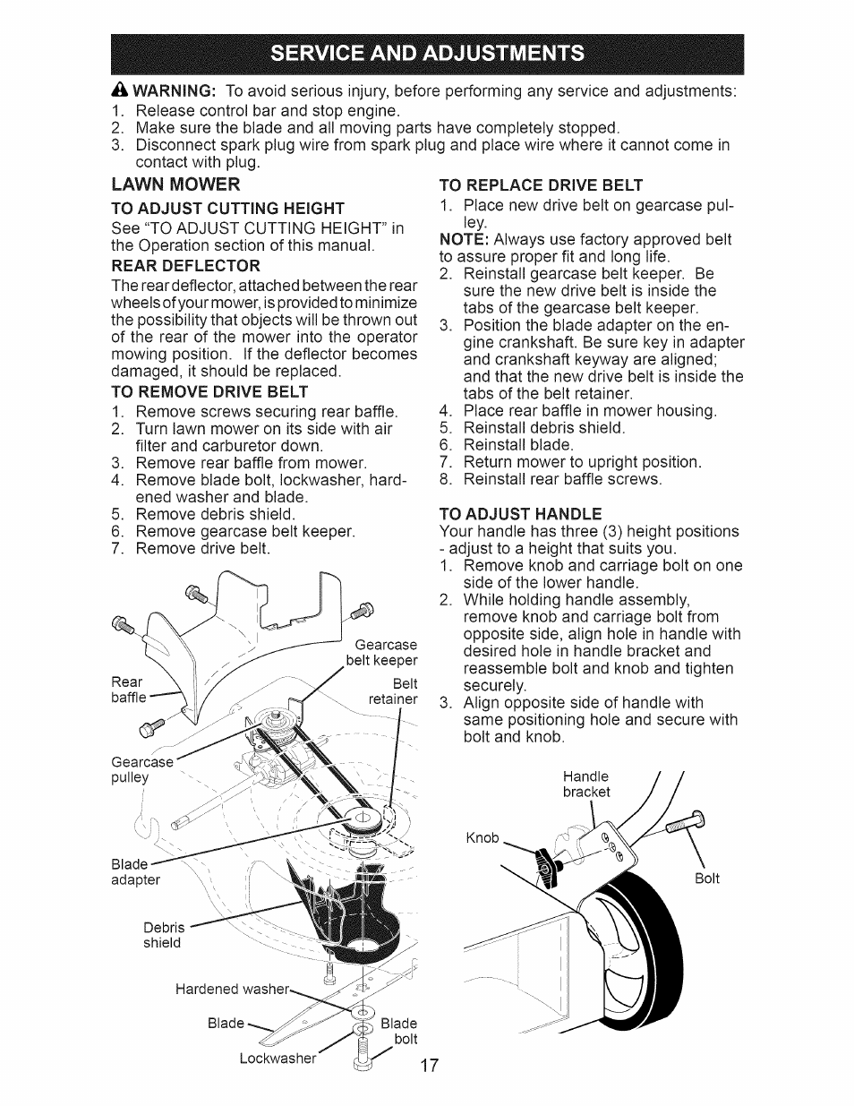 Service and adjustments, Lawn mower to adjust cutting height, To remove drive belt | To replace drive belt, To adjust handle, Service and adjustments a | Craftsman 917.374360 User Manual | Page 17 / 52