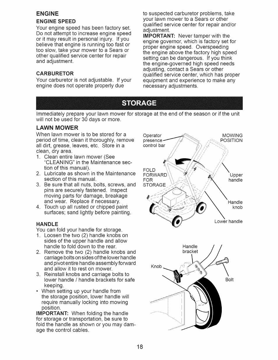 Carburetor, Storage, Handle | Craftsman 917.374360 User Manual | Page 18 / 52