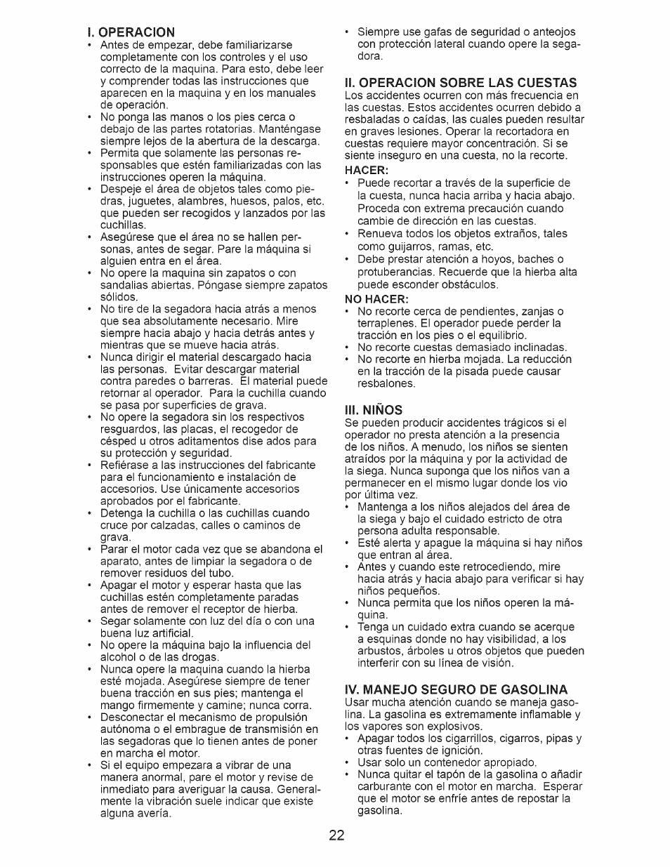 Ii. operacion sobre las cuestas, Iii. niños, Iv. manejo seguro de gasolina | Craftsman 917.374360 User Manual | Page 22 / 52