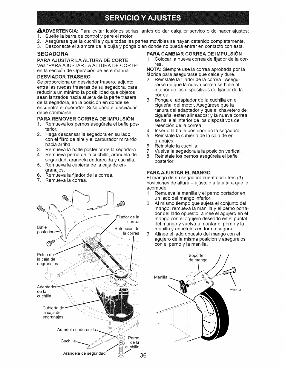 Servicio y ajustes | Craftsman 917.374360 User Manual | Page 36 / 52