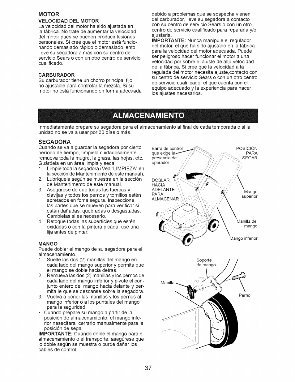 Almacenamiento, Segadora | Craftsman 917.374360 User Manual | Page 37 / 52