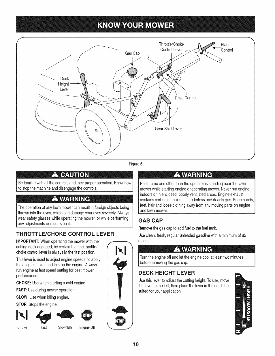 Know your mower, A caution, Awarning | Throttle/choke control lever, Gas cap, Deck height lever, Know your lawn mower, Know your mower a caution, Warning | Craftsman 247.887330 User Manual | Page 10 / 72
