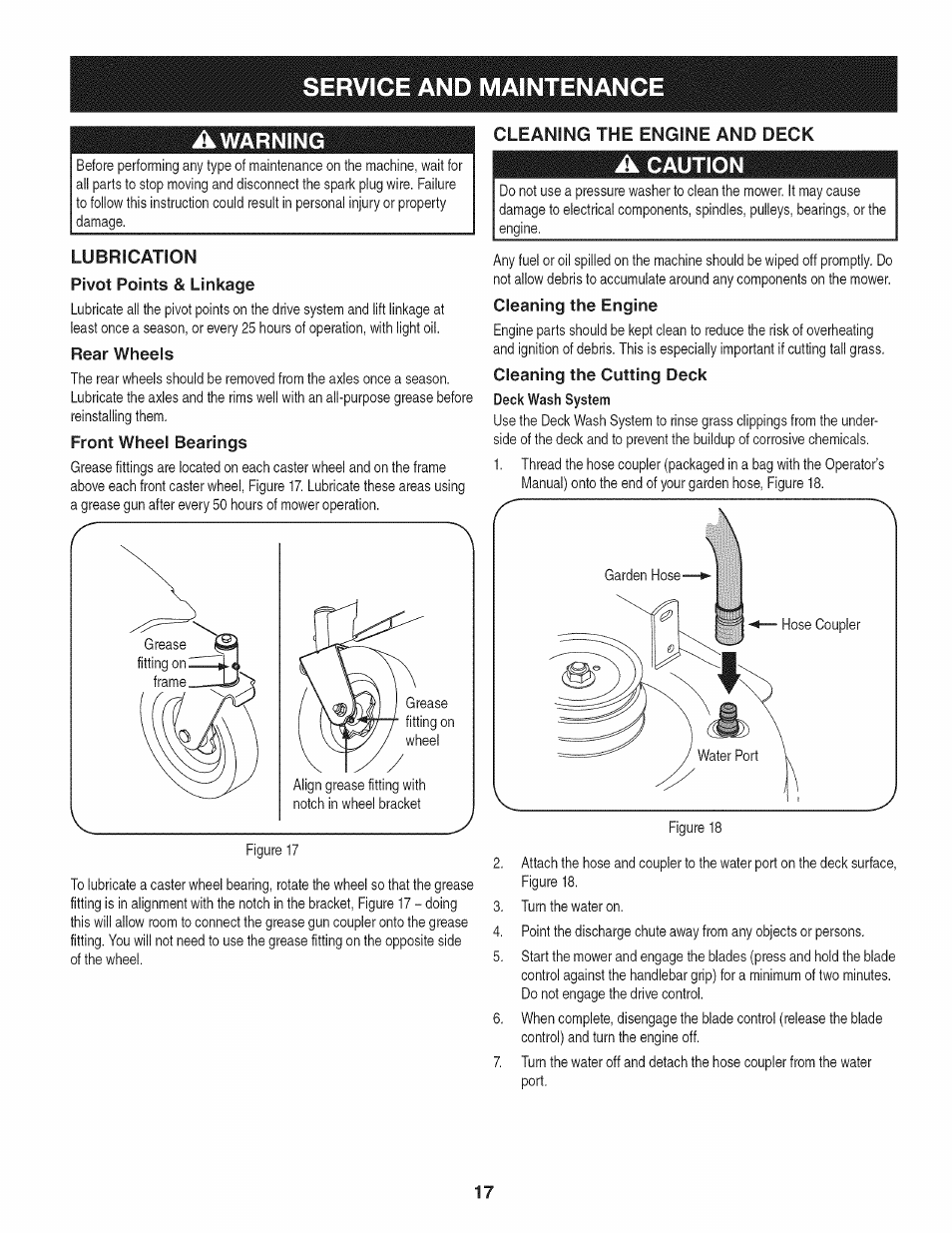 Lubrication pivot points & linkage, Rear wheels, Front wheel bearings | Cleaning the engine, Cleaning the cutting deck, Lubrication | Craftsman 247.887330 User Manual | Page 17 / 72