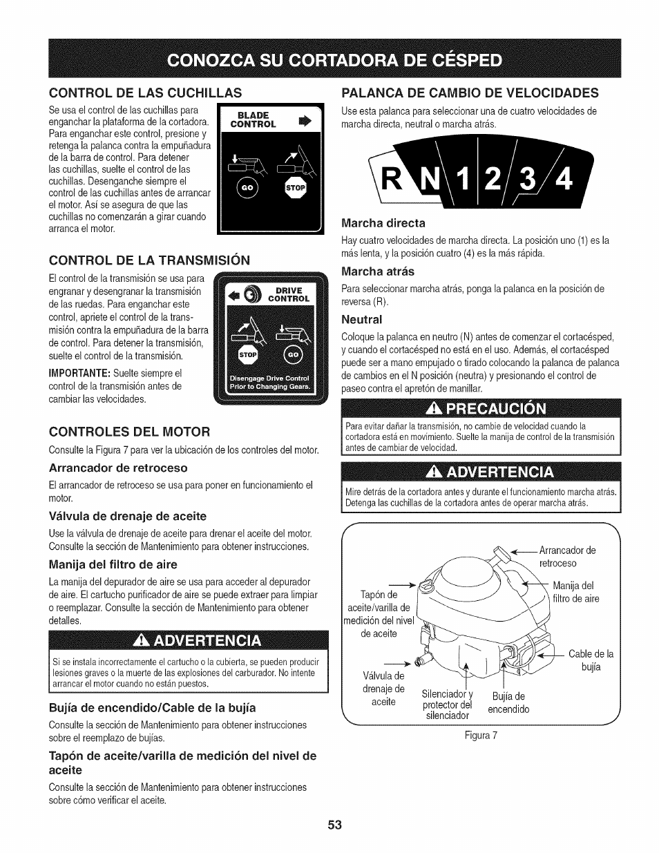 Conozca su cortadora de cesped, Control de la transmision, Controles del motor | Arrancador de retroceso, Válvula de drenaje de aceite, Manija del filtro de aire, A advertencia, Bujía de encendido/cable de la bujía, Palanca de cambio de velocidades, Marcha directa | Craftsman 247.887330 User Manual | Page 53 / 72