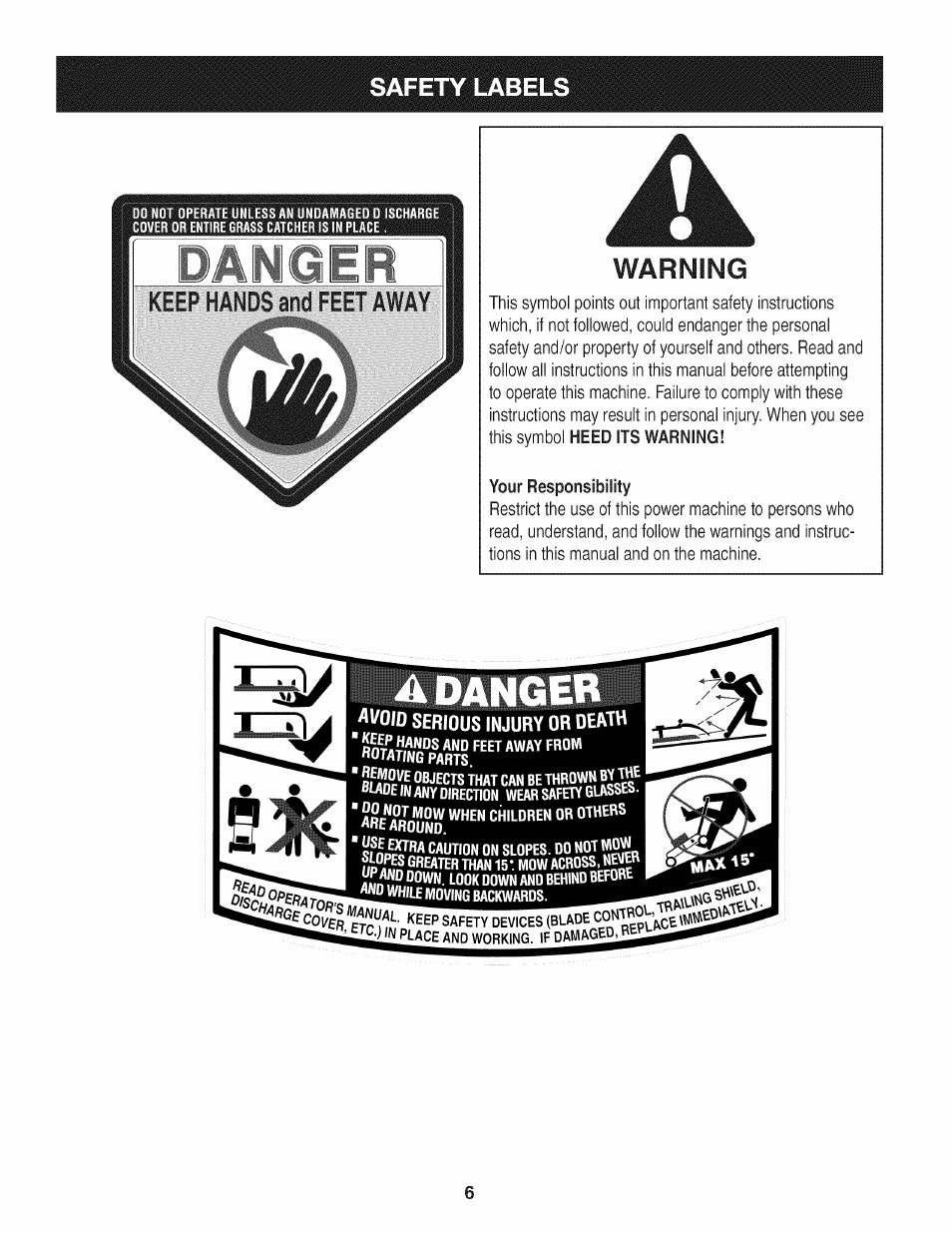 Your responsibility, A danger, Safety labels | Warning | Craftsman 247.887330 User Manual | Page 6 / 72