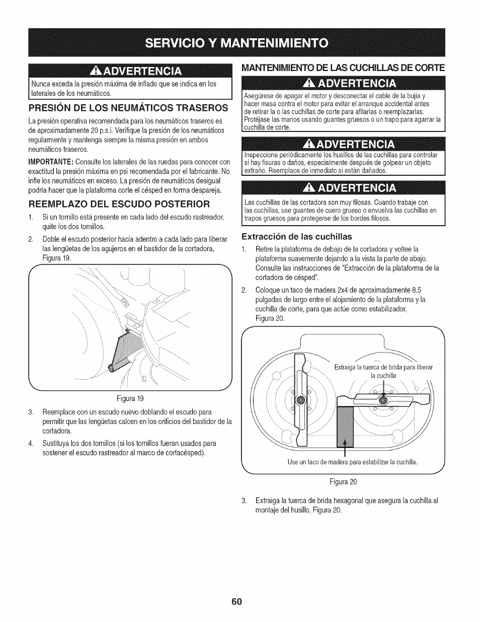 Presion de los neumaticos traseros, Reemplazo del escudo posterior, Aadvertencia | A advertencia, Extracción de las cuchillas, Servicio y mantenimiento, Advertencia | Craftsman 247.887330 User Manual | Page 60 / 72