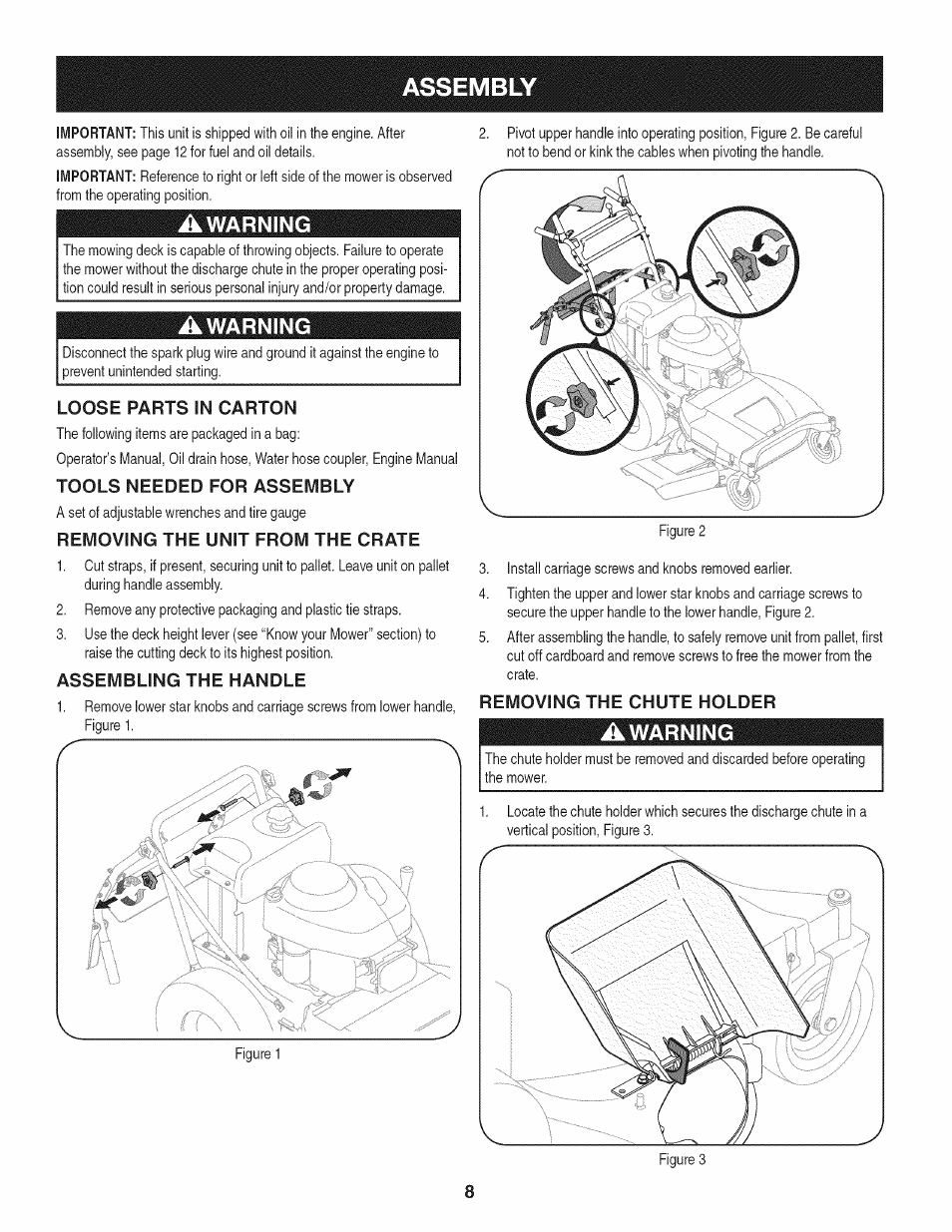 Assembly, Awarning, Loose parts in carton | Tools needed for assembly, Removing the unit from the crate, Removing the chute holder, Warning | Craftsman 247.887330 User Manual | Page 8 / 72