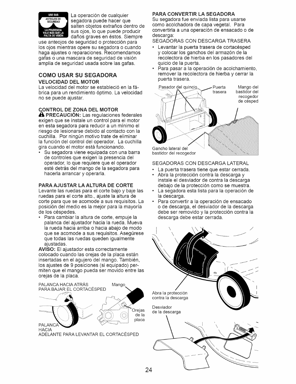 Como usar su segadora velocidad del motor, Para ajustar la altura de corte, Para convertir la segadora | Craftsman 917.389010 User Manual | Page 24 / 44