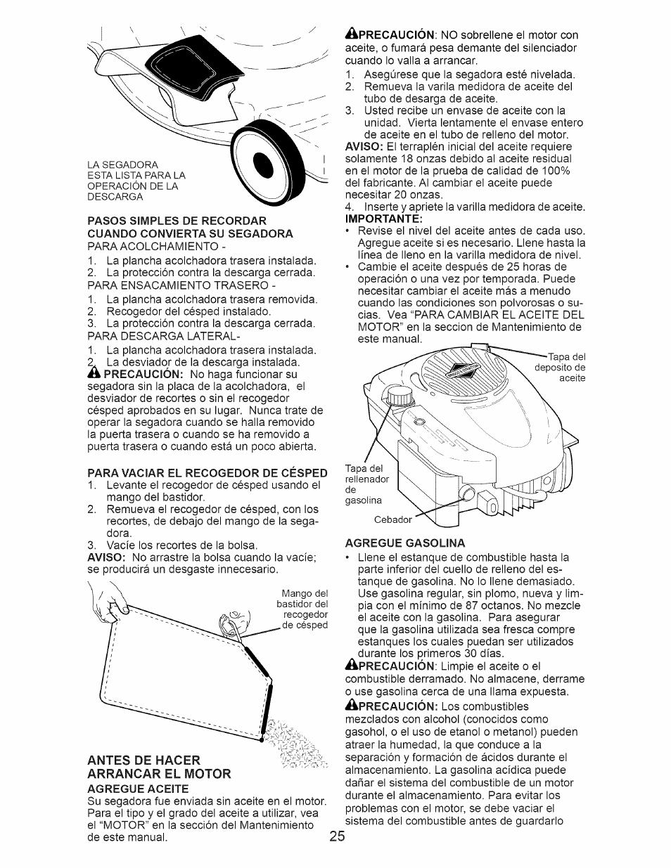 Para vaciar el recogedor de césped, Agregue aceite, Agregue gasolina | Craftsman 917.389010 User Manual | Page 25 / 44