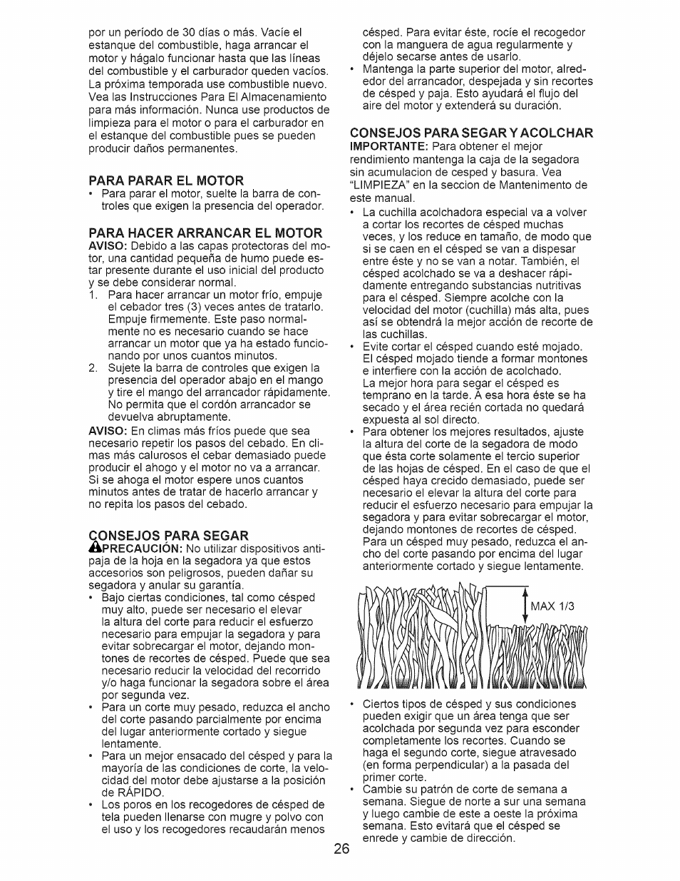 Para parar el motor, Para hacer arrancar el motor | Craftsman 917.389010 User Manual | Page 26 / 44