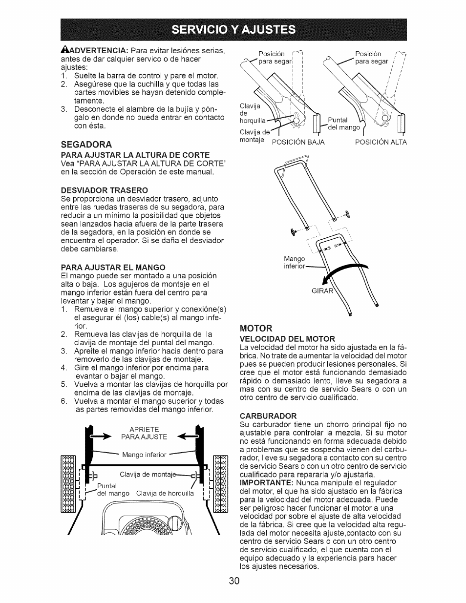 Servicio y ajustes, Segadora, Para ajustar la altura de corte | Desviador trasero, Para ajustar el mango, Velocidad del motor, Carburador, Servicio y adjustes | Craftsman 917.389010 User Manual | Page 30 / 44