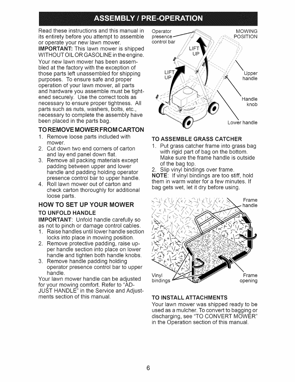 To remove mower from carton, Assembly / pre-operation | Craftsman 917.389010 User Manual | Page 6 / 44