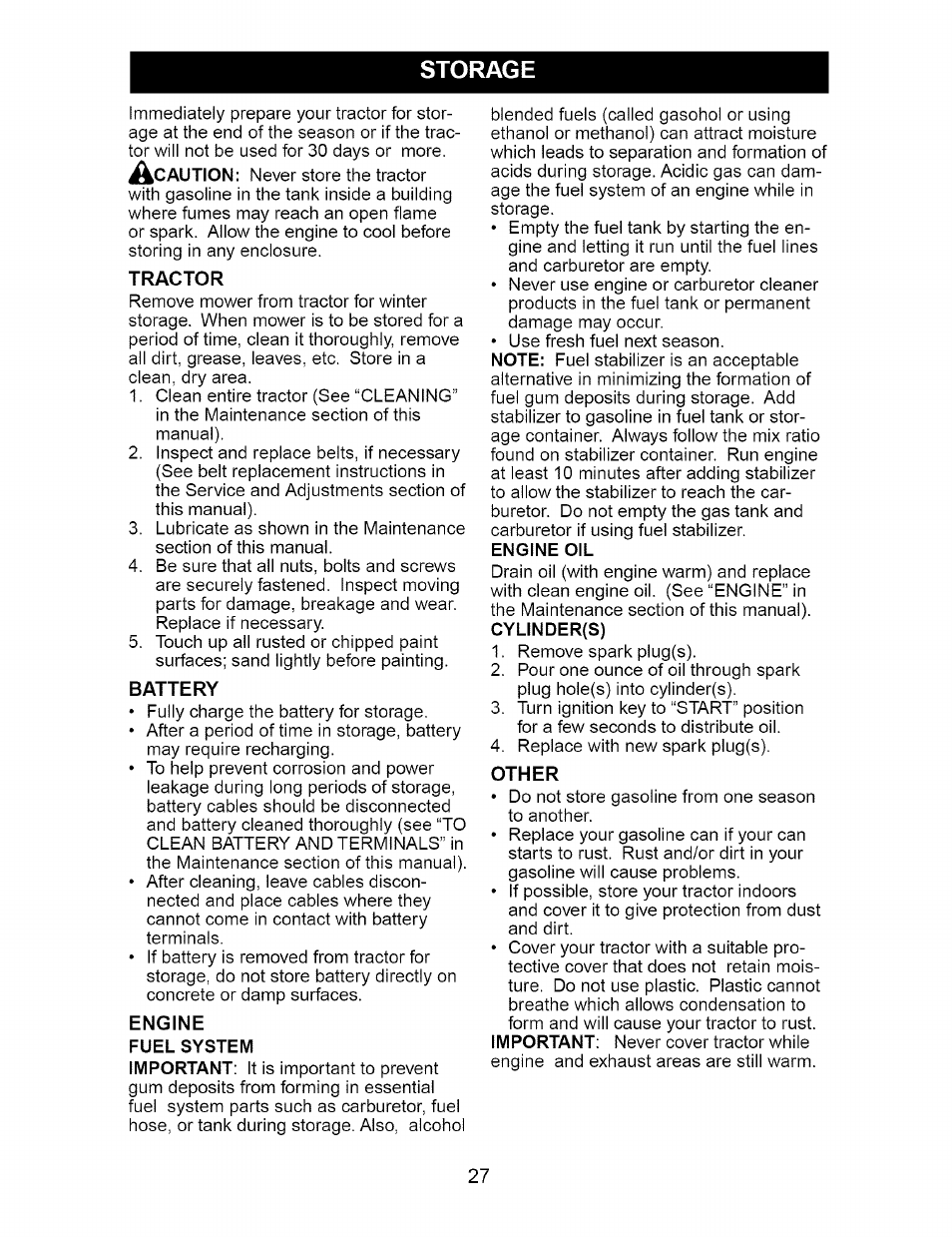 Storage, Tractor, Battery | Engine oil, Other | Craftsman 917.274810 User Manual | Page 27 / 56