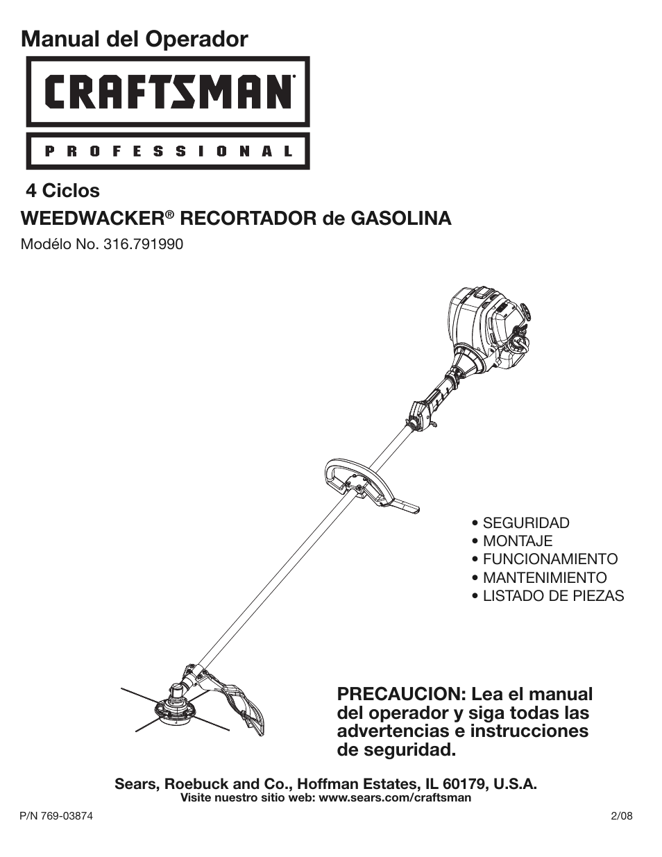 Manual del operador, 4 ciclos weedwacker, Recortador de gasolina | Craftsman 316.79199 User Manual | Page 15 / 32
