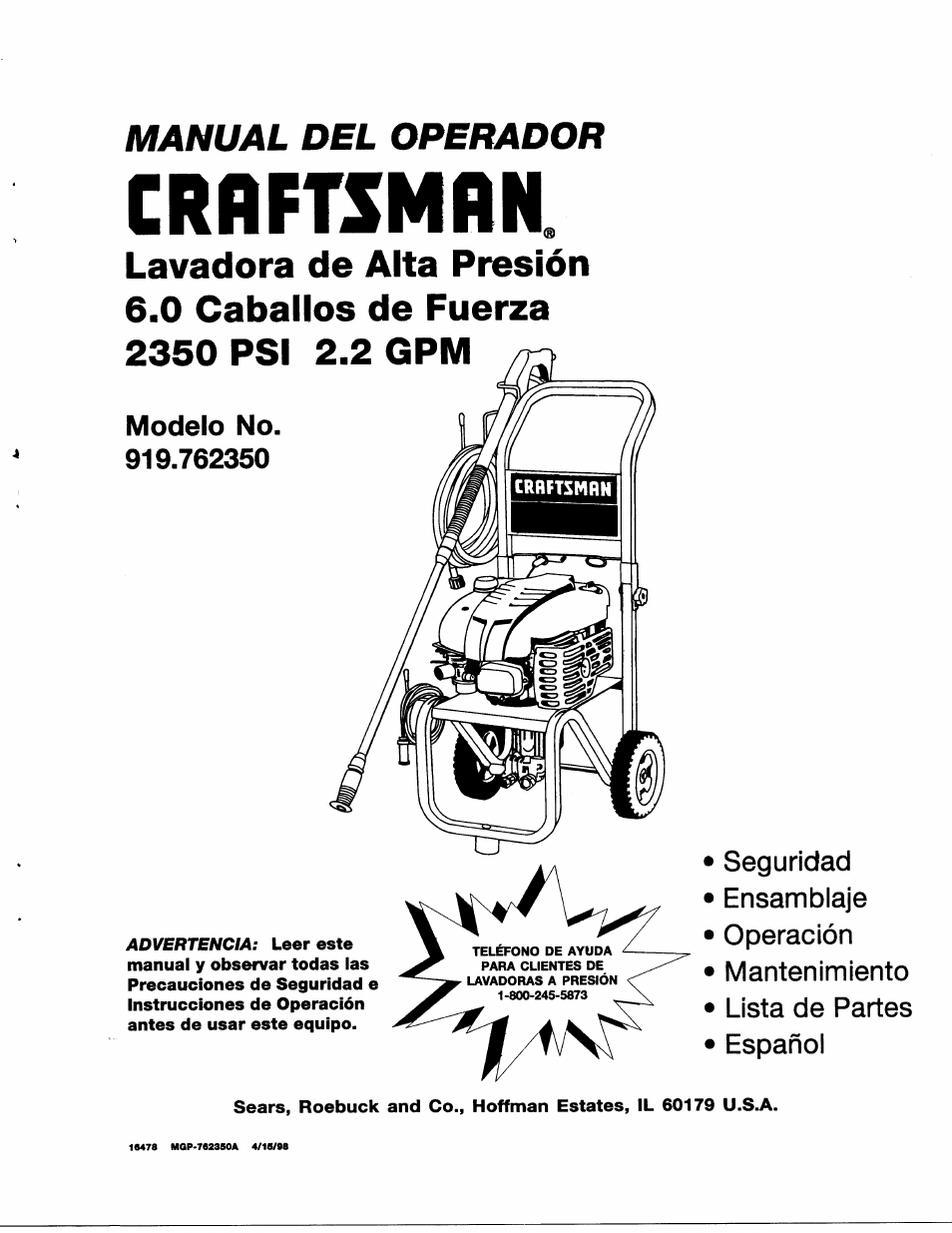 Crflftsmrn, Manual del operador, Modelo no | Craftsman 919.762350 User Manual | Page 33 / 54