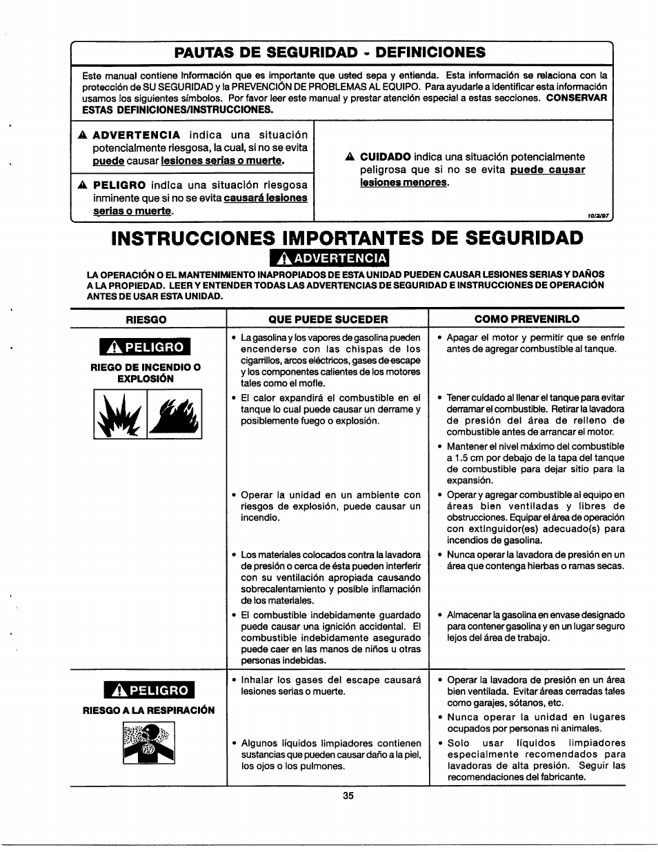 Instrucciones importantes de seguridad, Riesgo, Que puede suceder | Como prevenirlo, Riego de incendio o explosión, Riesgo a la respiración, Pautas de seguridad - definiciones | Craftsman 919.762350 User Manual | Page 35 / 54