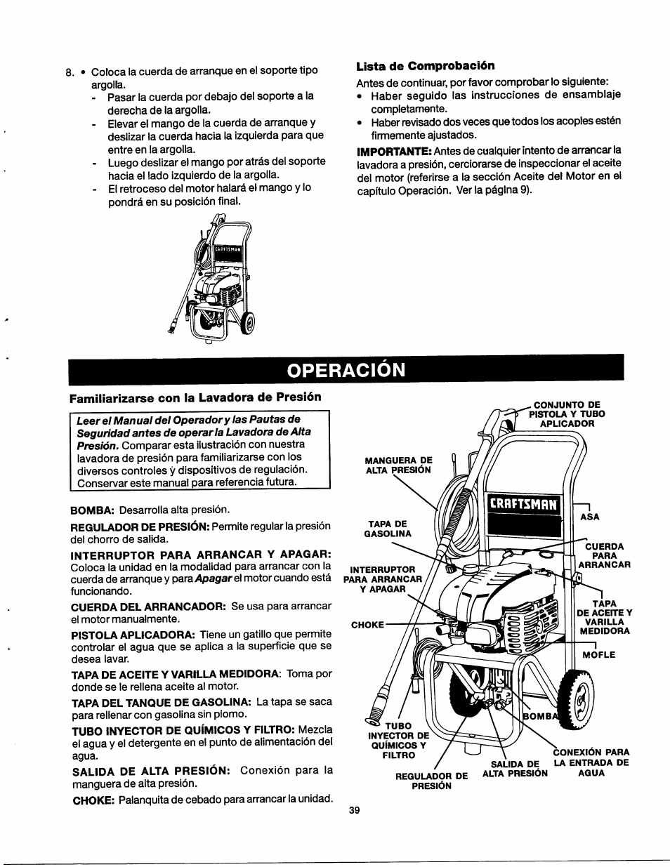 Lista de comprobación, Operacion, Familiarizarse con la lavadora de presión | Interruptor para arrancar y apagar | Craftsman 919.762350 User Manual | Page 39 / 54