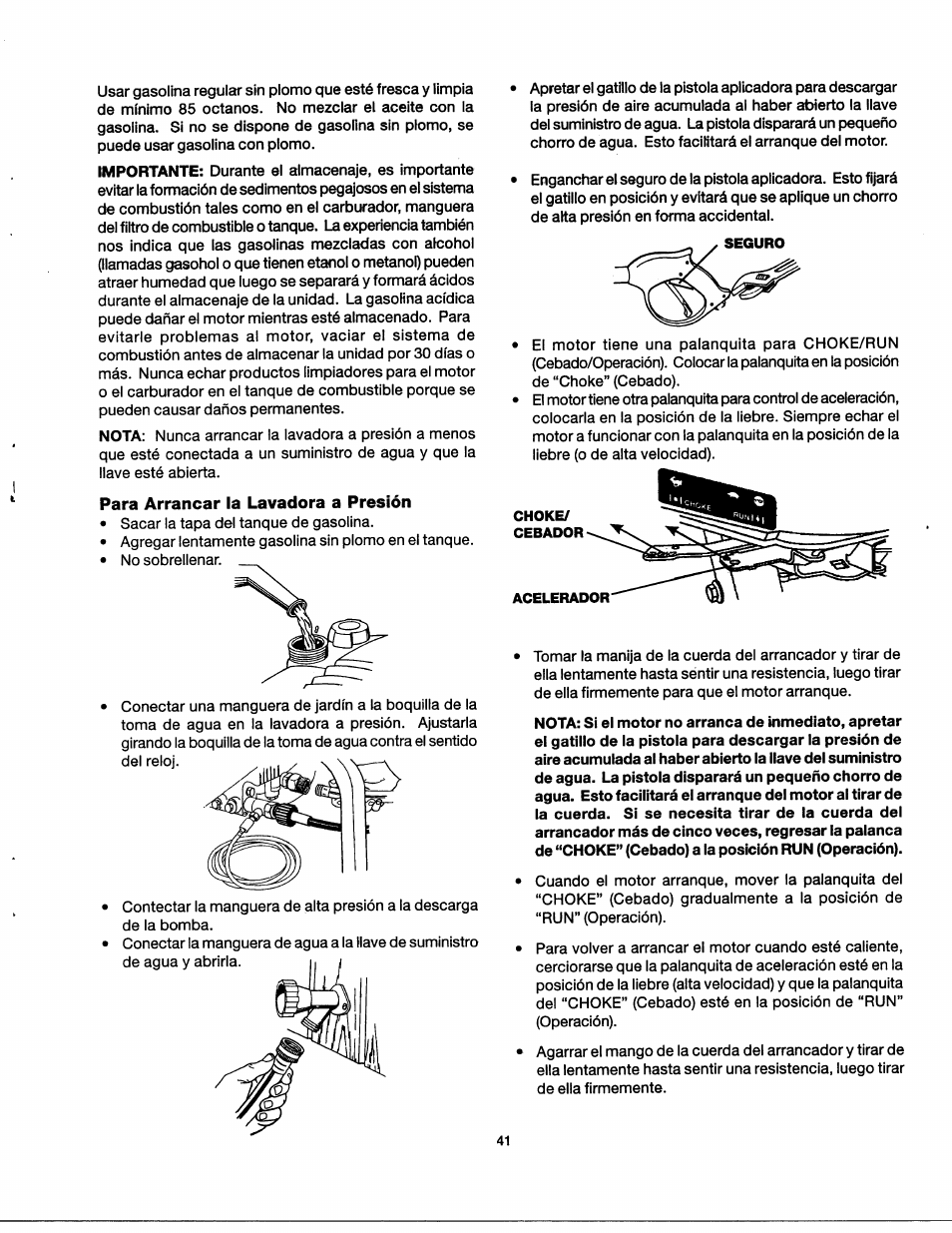 Para arrancar la lavadora a presión | Craftsman 919.762350 User Manual | Page 41 / 54