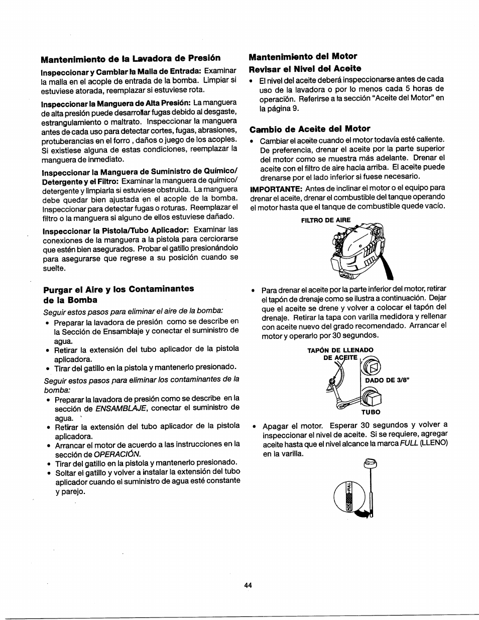 Mantenimienfo de la lavadora de presión, Purgar el aire y los contaminantes de la bomba, Csunbio de aceite del motor | Craftsman 919.762350 User Manual | Page 44 / 54