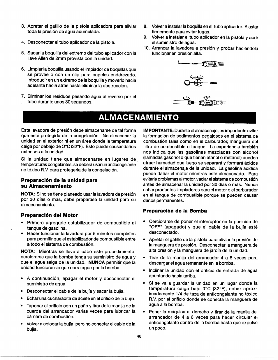 Almacenamiento, Preparación de la unidad para su almacenamiento, Preparación del motor | Preparación de la bomba | Craftsman 919.762350 User Manual | Page 46 / 54