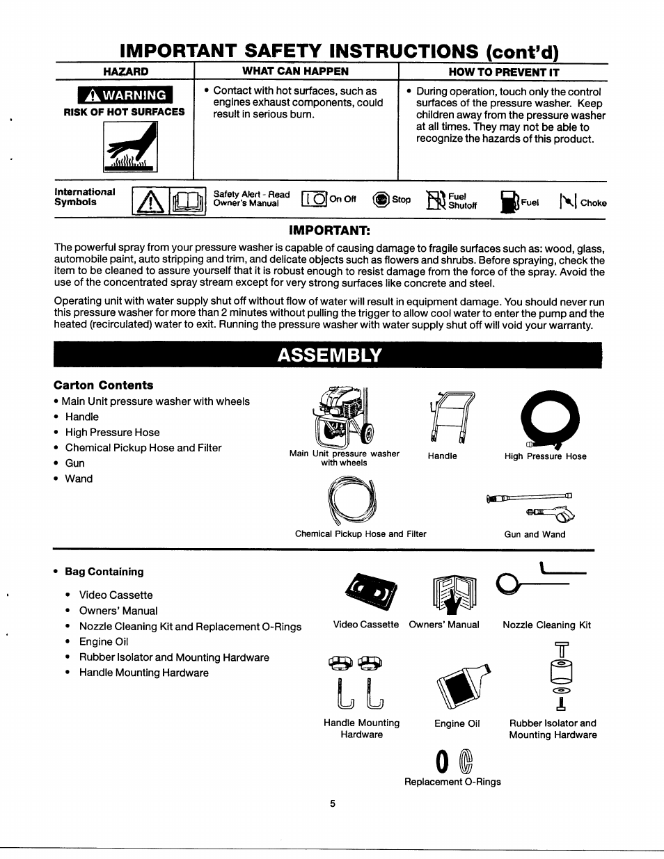 Important safety instructions (conyd), Hazard, What can happen | Howto prevent it, Assembly, Carton contents, Bag containmg, Du o | Craftsman 919.762350 User Manual | Page 5 / 54