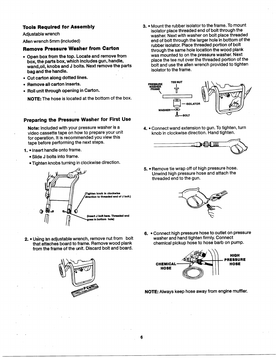 Tools required for assembly, Remove pressure washer from carton, Preparing the pressure washer for first use | Craftsman 919.762350 User Manual | Page 6 / 54