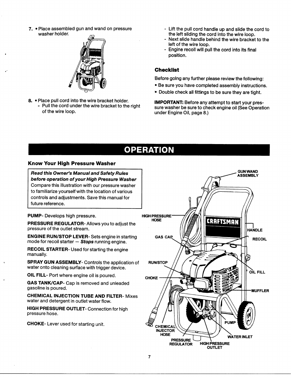 Checklist, Operation, Know your high pressure washer | Craftsman 919.762350 User Manual | Page 7 / 54