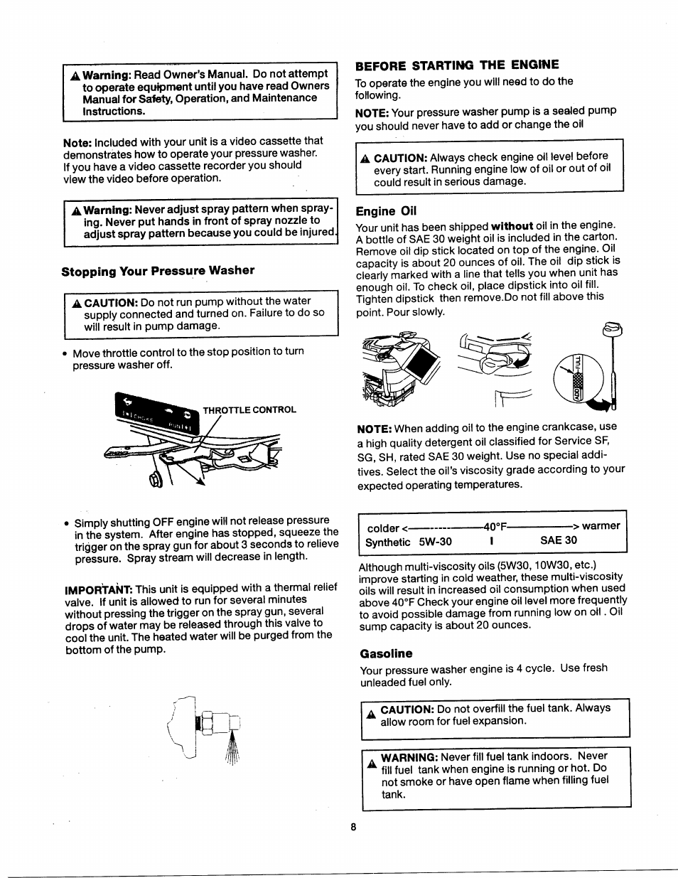 Stopping your pressure washer, Before starting the engine, Engine oil | Gasoline | Craftsman 919.762350 User Manual | Page 8 / 54