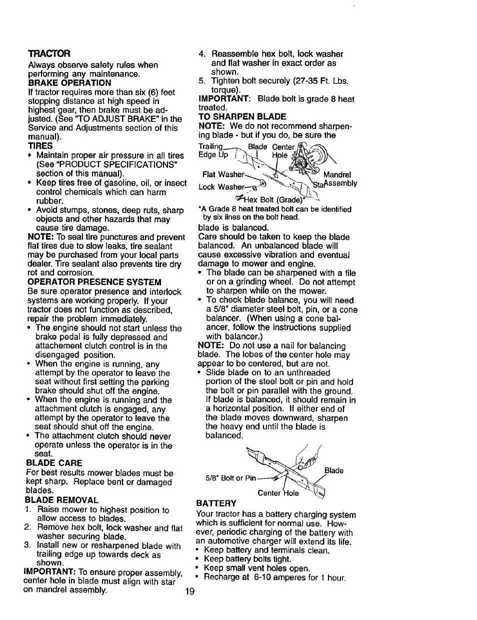 Brake operation, Tires, Operator presence system | Blade care, Blade removal | Craftsman 917.272068 User Manual | Page 19 / 64