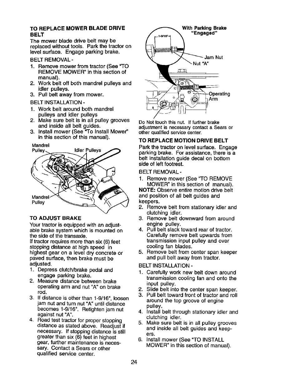 To replace mower blade drive, Belt, To adjust brake | To replace motion drive belt | Craftsman 917.272068 User Manual | Page 24 / 64