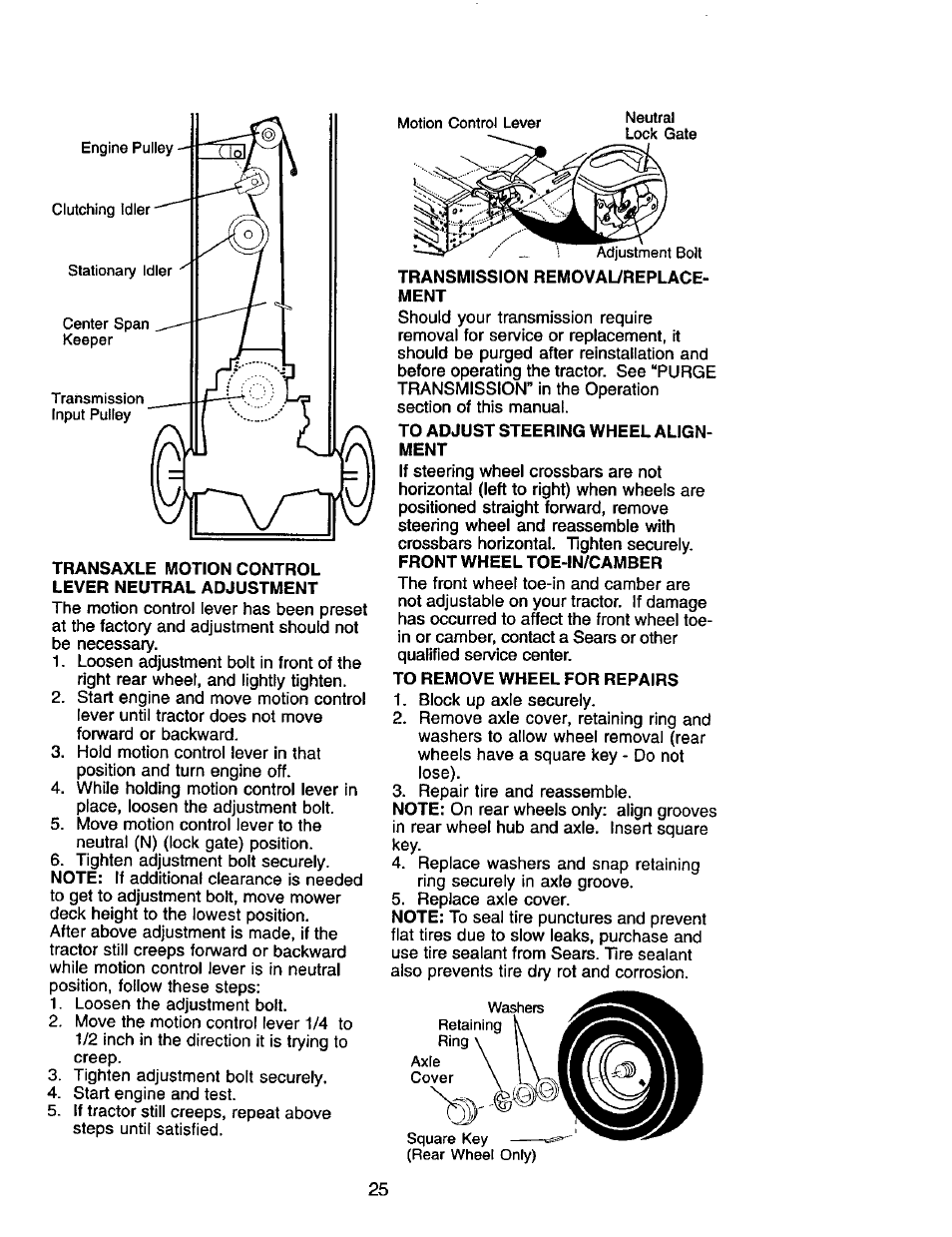 Transaxle motion control lever neutral adjustment, Transmission removal/replace- ment, To adjust steering wheel alignment | To remove wheel for repairs | Craftsman 917.272068 User Manual | Page 25 / 64