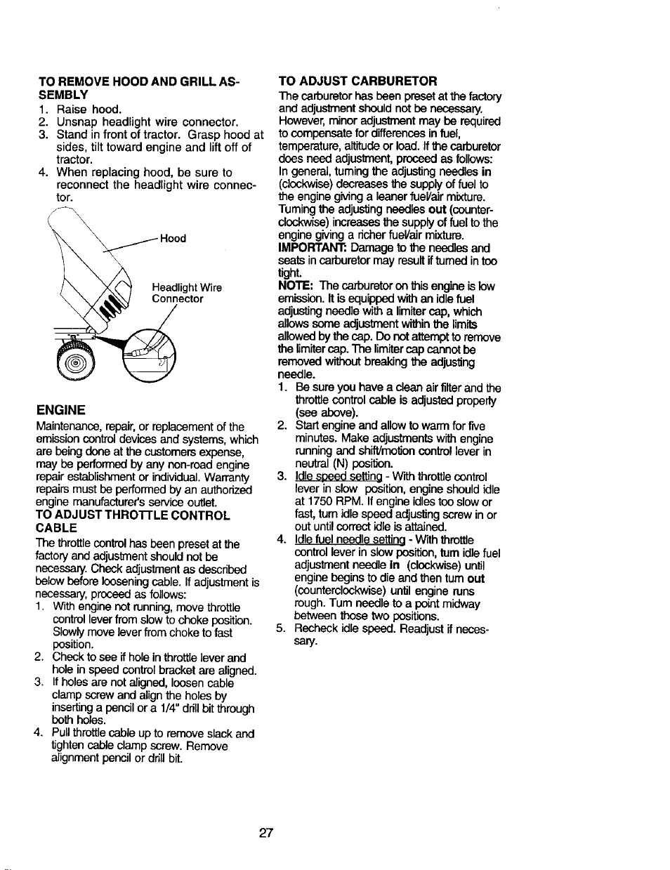 To remove hood and grill assembly, Engine, To adjust throttle control cable | To adjust carburetor | Craftsman 917.272068 User Manual | Page 27 / 64